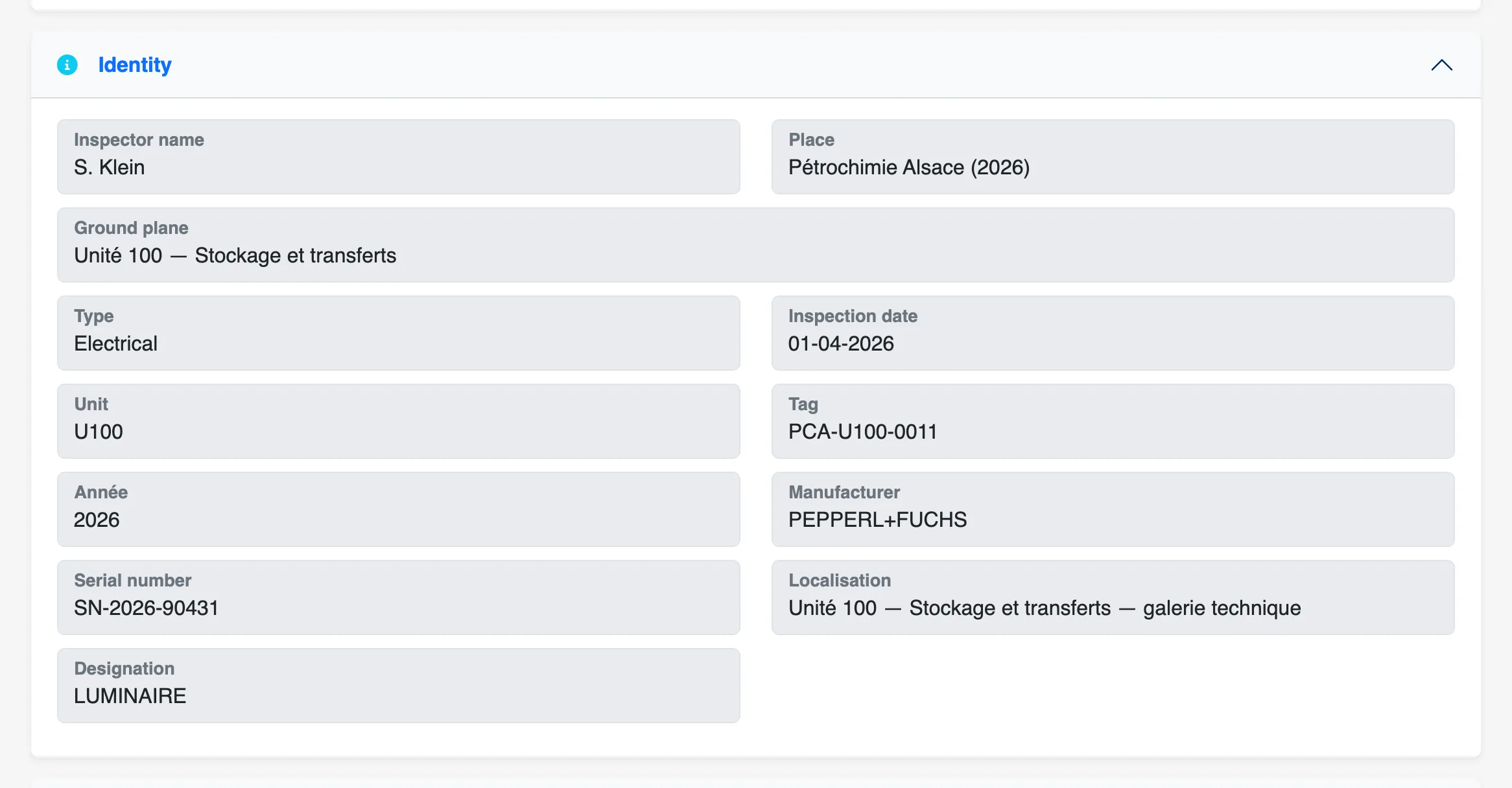 Identity record of an item: tag, description, manufacturer, serial number and hazardous area classification