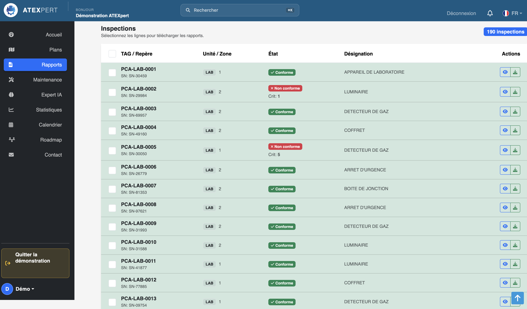 Liste des inspections dans le back office ATEXpert