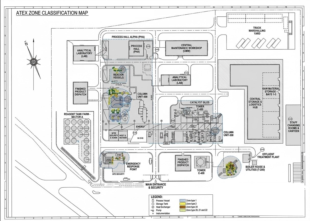 Plan de site avec les zones ATEX et les équipements colorés selon leur état